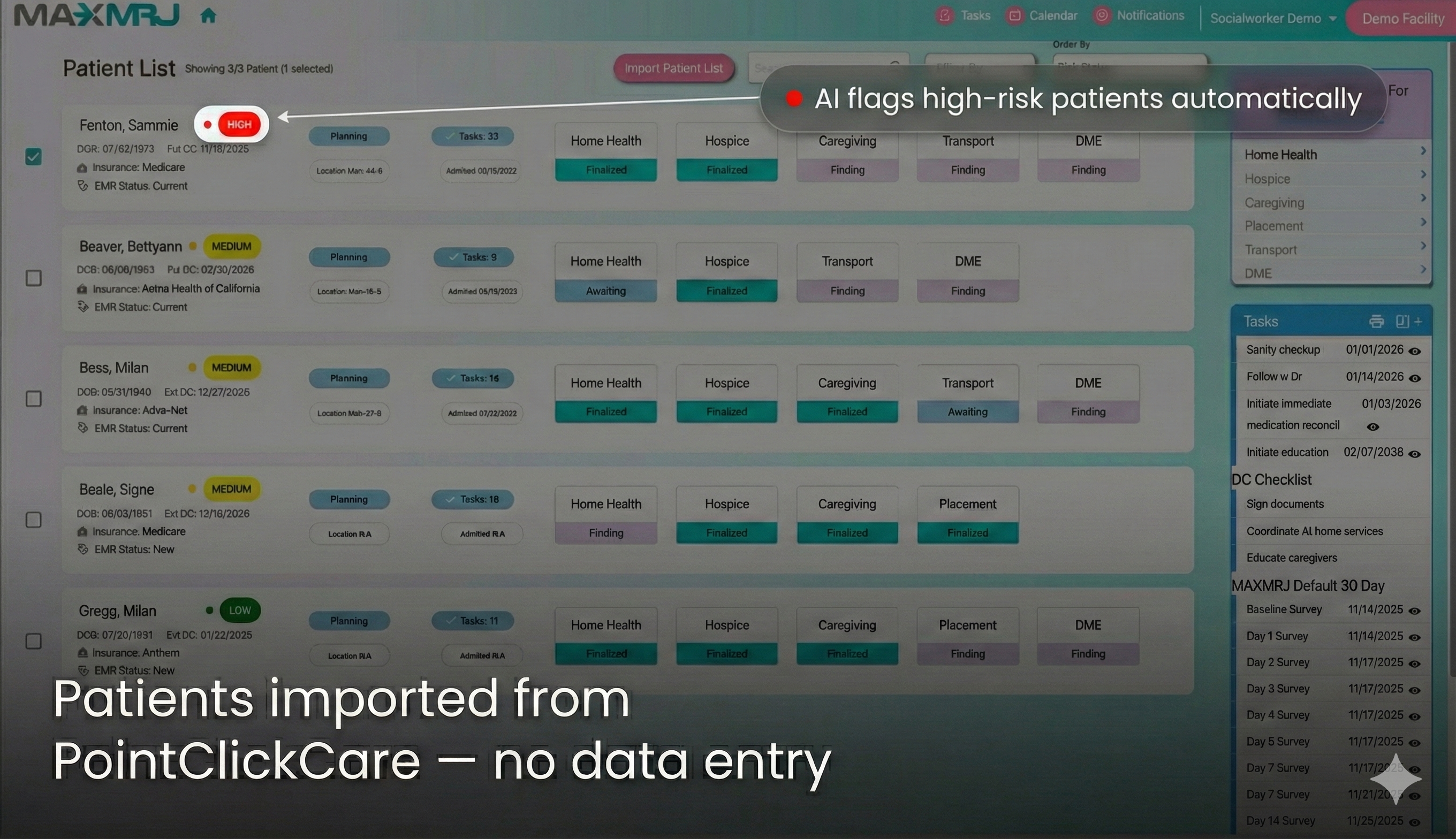 MAXMRJ care coordination dashboard showing patient list imported from PointClickCare